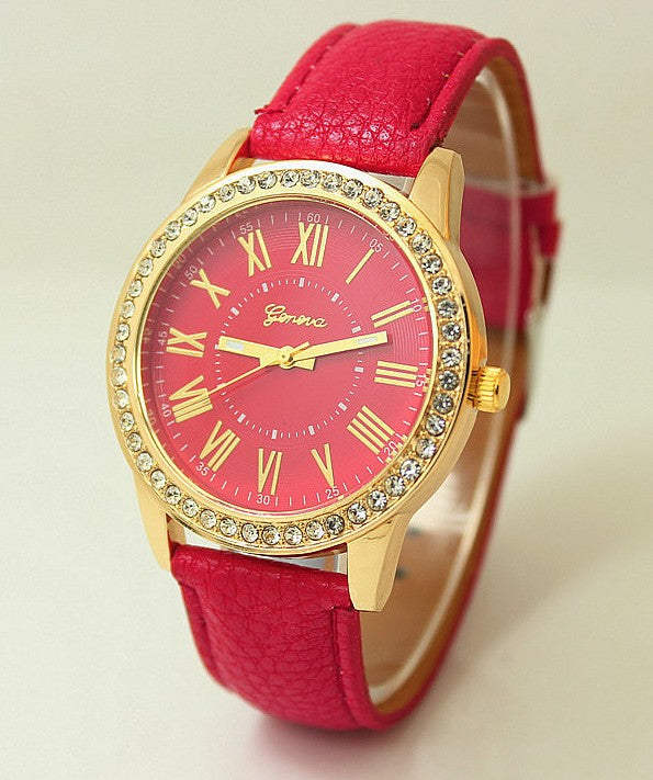 Women's Leather Band Geneva Roman Rhinestone Quartz Wrist Watch