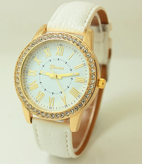 Women's Leather Band Geneva Roman Rhinestone Quartz Wrist Watch