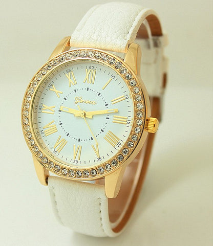 Women's Leather Band Geneva Roman Rhinestone Quartz Wrist Watch