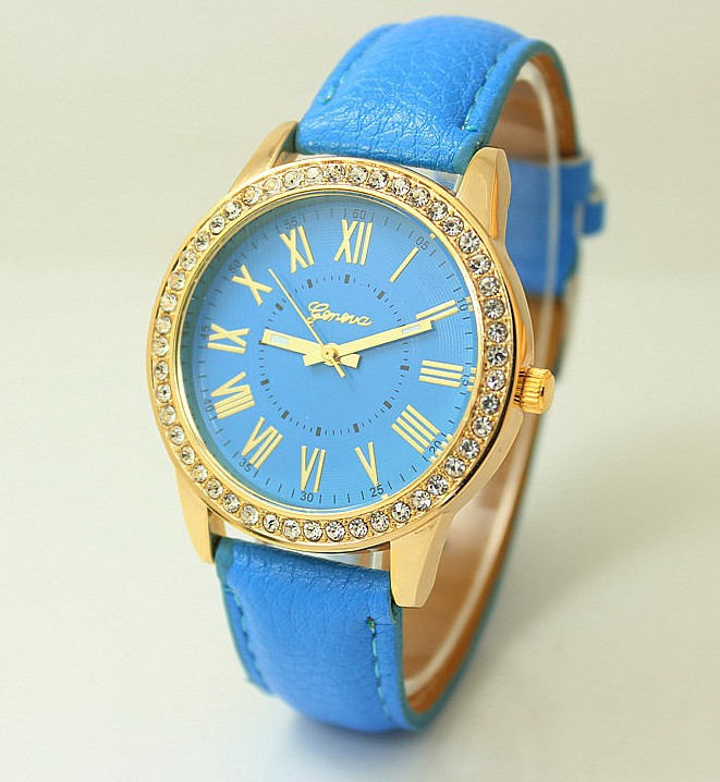 Women's Leather Band Geneva Roman Rhinestone Quartz Wrist Watch