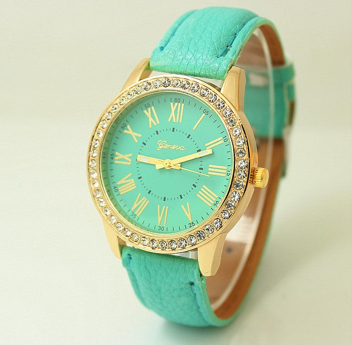 Women's Leather Band Geneva Roman Rhinestone Quartz Wrist Watch