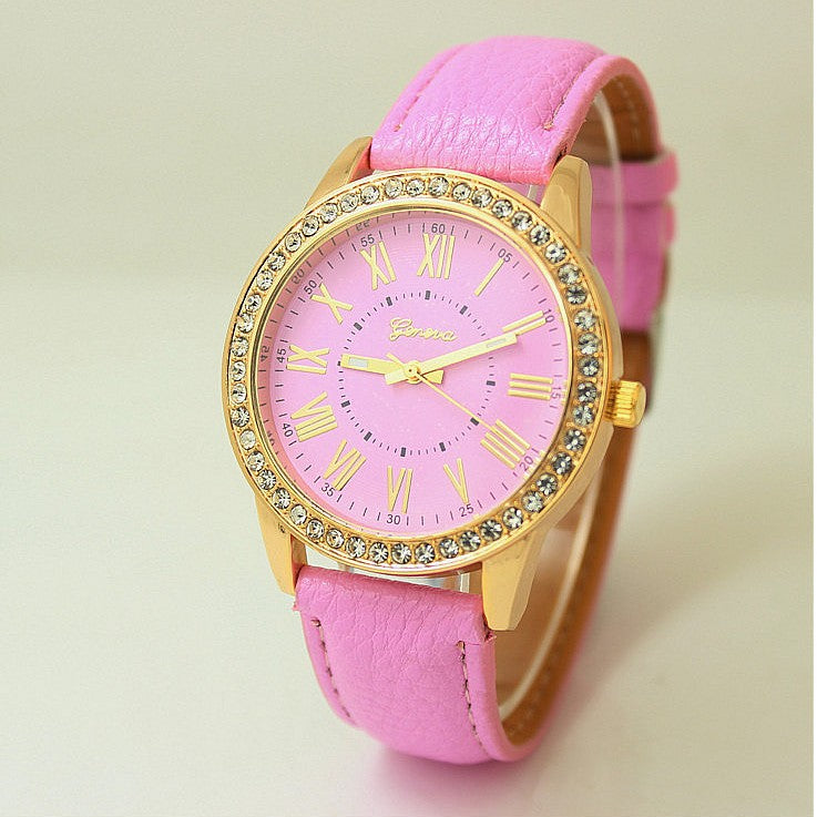 Women's Leather Band Geneva Roman Rhinestone Quartz Wrist Watch
