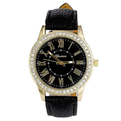 Women's Leather Band Geneva Roman Rhinestone Quartz Wrist Watch