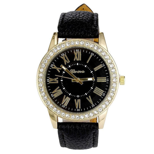 Women's Leather Band Geneva Roman Rhinestone Quartz Wrist Watch