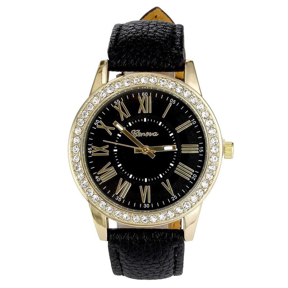Women's Leather Band Geneva Roman Rhinestone Quartz Wrist Watch