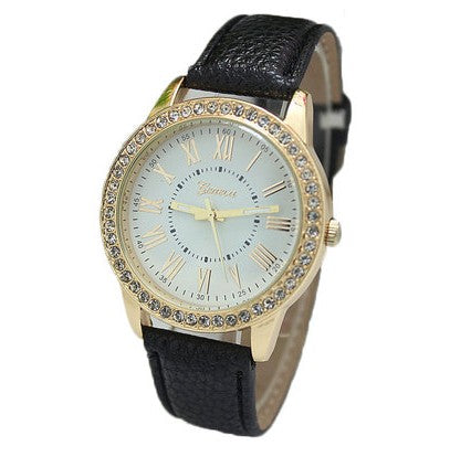 Women's Leather Band Geneva Roman Rhinestone Quartz Wrist Watch