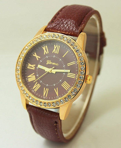 Women's Leather Band Geneva Roman Rhinestone Quartz Wrist Watch
